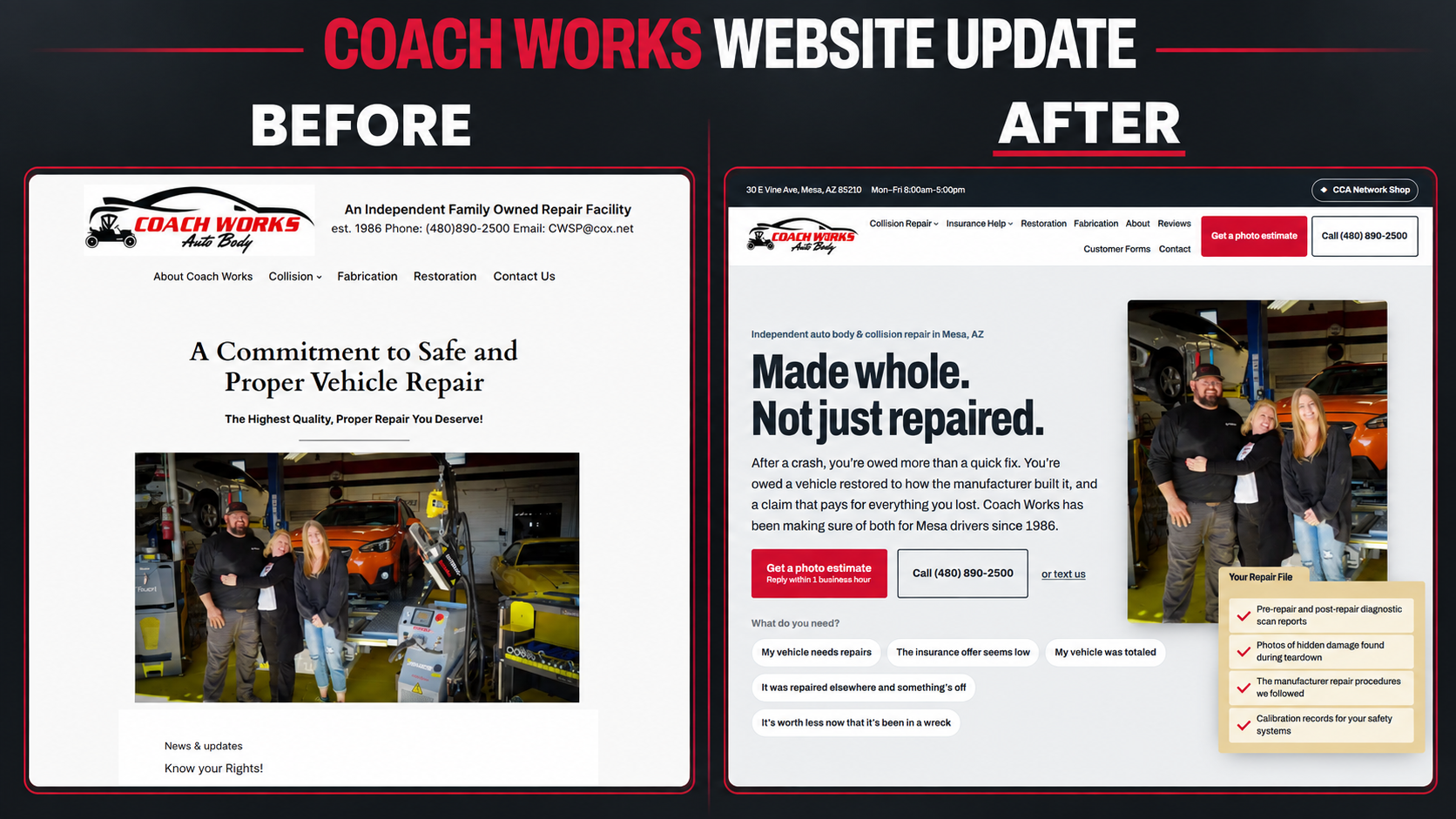 Before and after: a client site on a phone